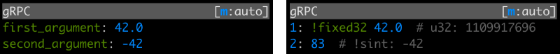 A screenshot of mitmproxy's gRPC rendering, both with and without protobuf definitions